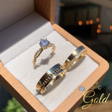 Trio de Alianças Geórgia Feminina 4,5mm e Masculina 5,5mm + Anel Solitário My Dream em Ouro 18k/750