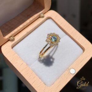Anel Chuveiro com Brilhantes e Turmalina Azul em Ouro 18k/750
