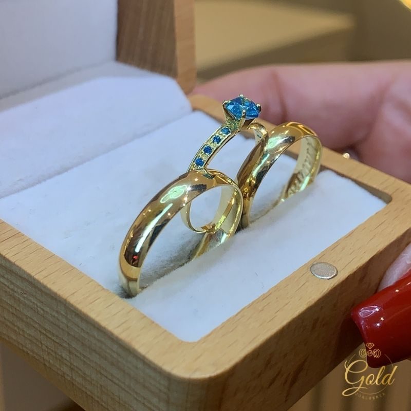 Trio de Alianças Abaulada 4,5mm + Anel Solitário Athenas Ocean em Ouro 18k_750